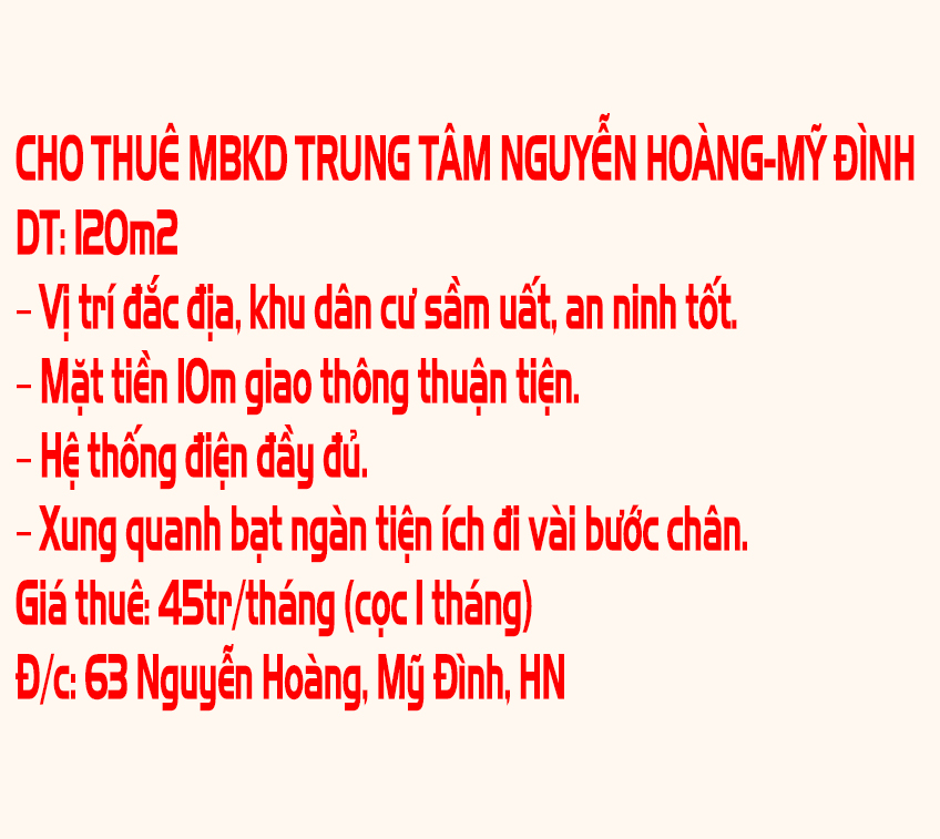 CHO THUÊ MBKD TRUNG TÂM NGUYỄN HOÀNG-MỸ ĐÌNH - Ảnh chính