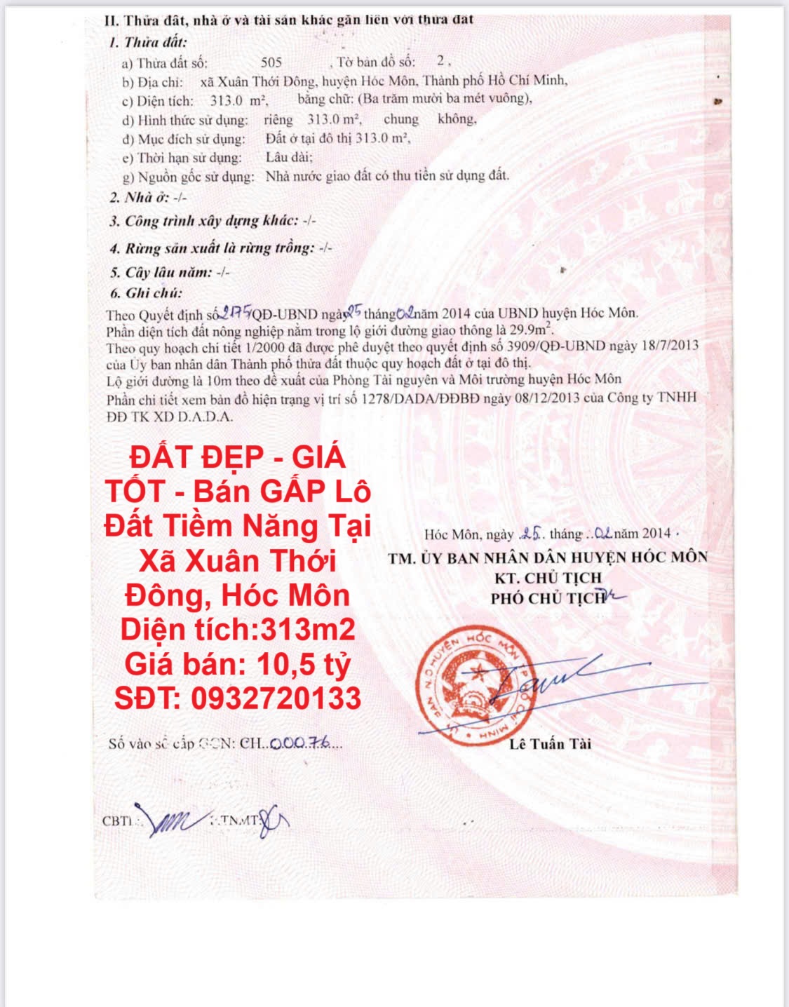 ĐẤT ĐẸP - GIÁ TỐT - Bán GẤP Lô Đất Tiềm Năng Tại Xã Xuân Thới Đông, Hóc Môn - Ảnh chính