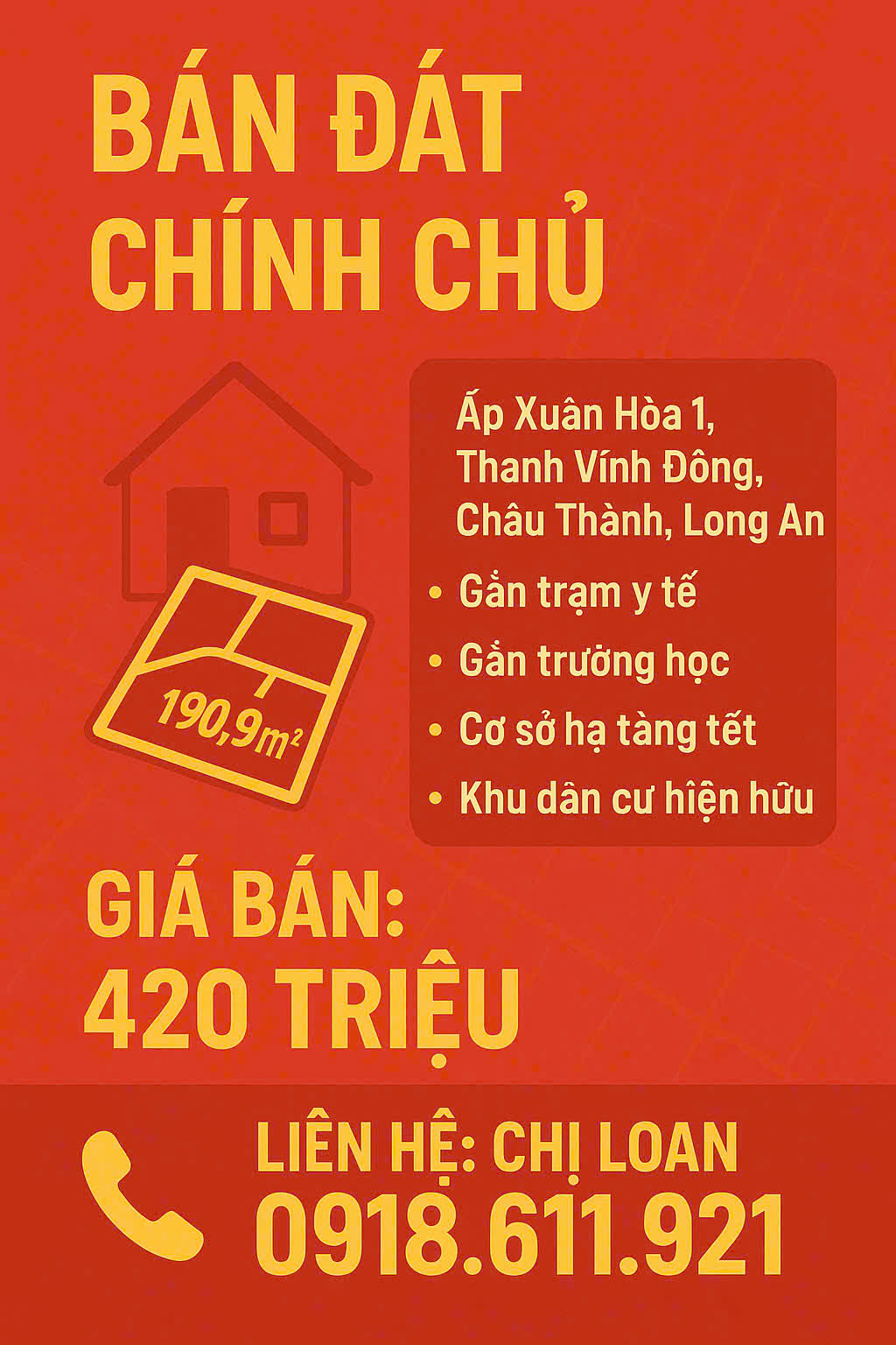 BÁN ĐẤT CHÍNH CHỦ - SỔ HỒNG RIÊNG - GIÁ CHỈ 420 TRIỆU - Ảnh chính