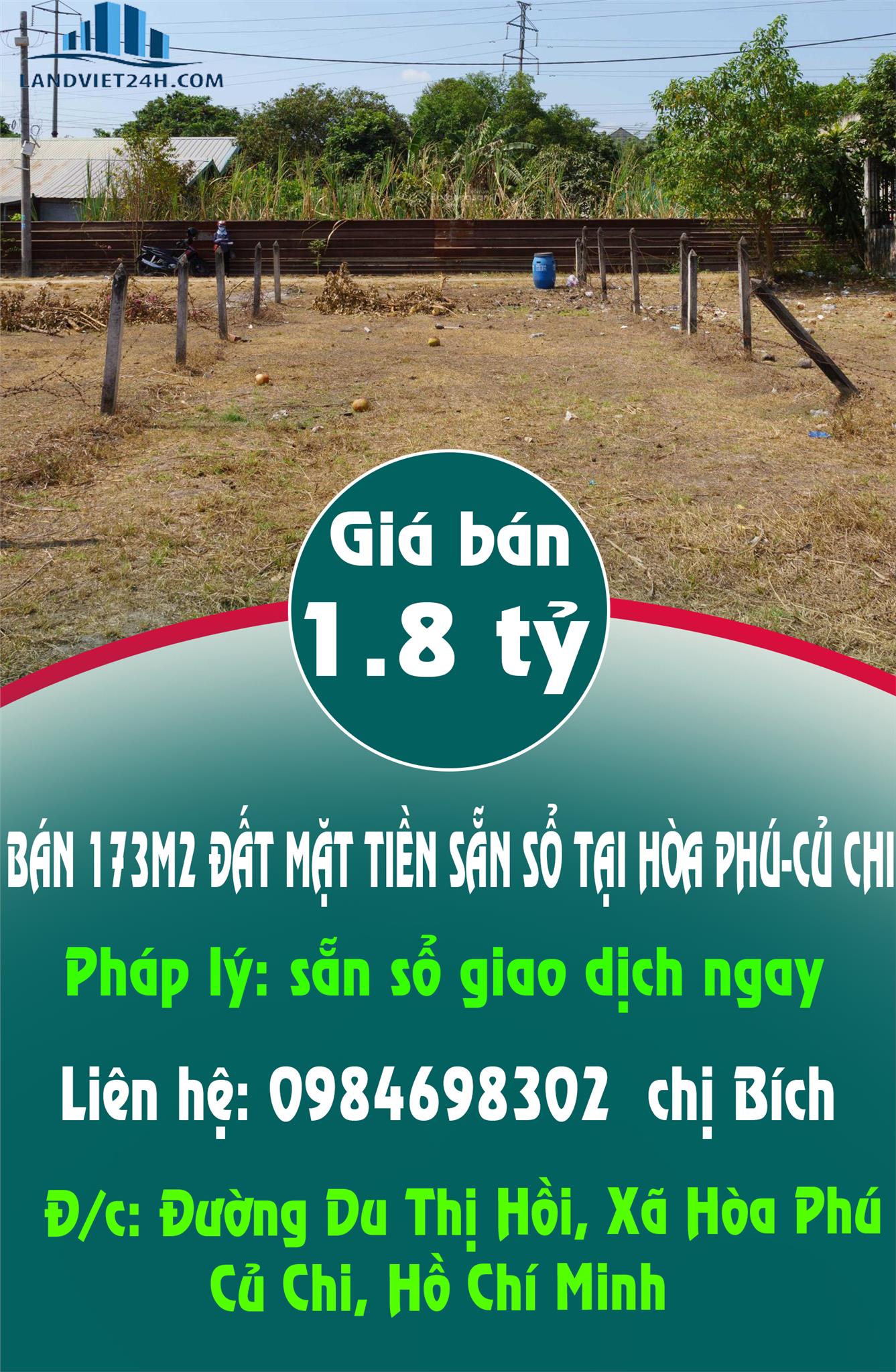 CHÍNH CHỦ BÁN 173M2 ĐẤT MẶT TIỀN SẴN SỔ TẠI HÒA PHÚ-CỦ CHI - Ảnh chính