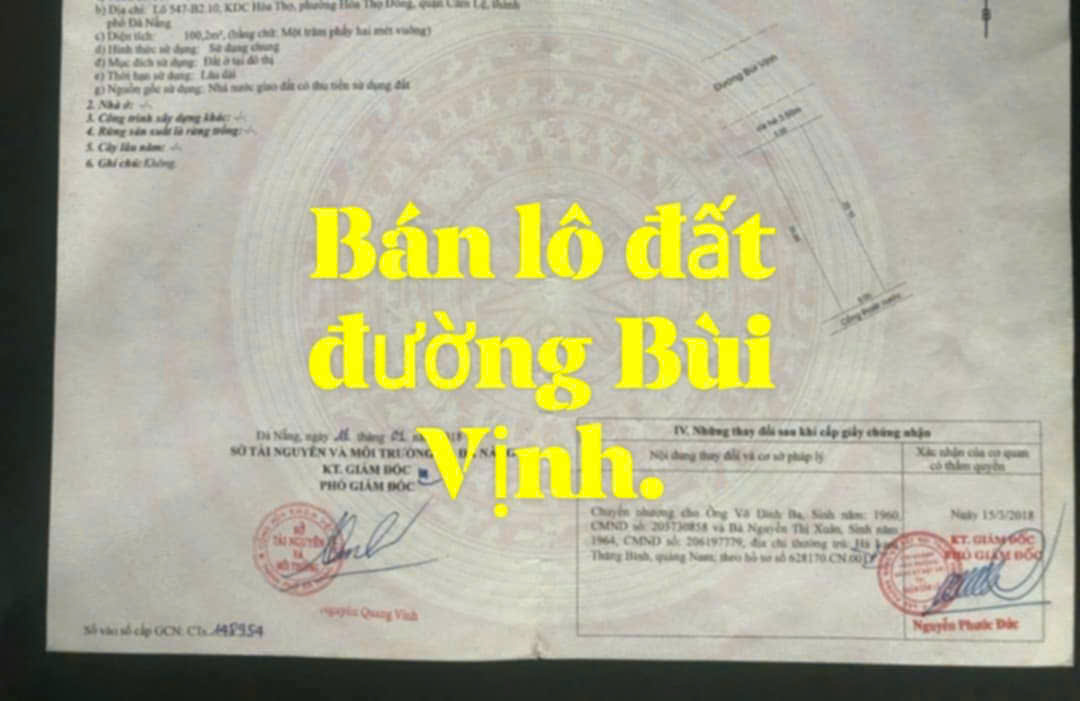 BÁN ĐẤT ĐƯỜNG BÙI VỊNH, HOÀ THỌ ĐÔNG, CẨM LỆ, 100.2 M2 THỔ CƯ, SHR 4.2 TỶ. LH:0967222668 - Ảnh chính