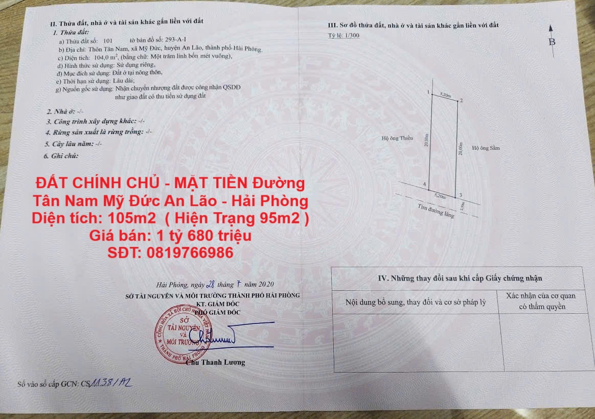 ĐẤT CHÍNH CHỦ - MẶT TIỀN Đường Tân Nam Mỹ Đức An Lão - Hải Phòng - Ảnh chính