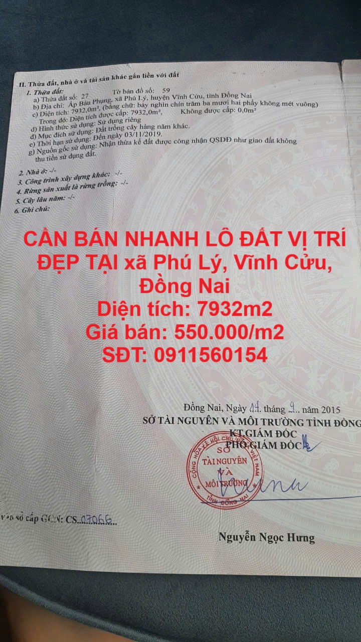 CẦN BÁN NHANH LÔ ĐẤT VỊ TRÍ ĐẸP TẠI xã Phú Lý, Vĩnh Cửu, Đồng Nai - Ảnh chính