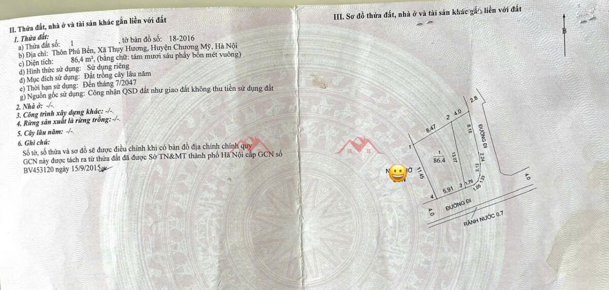 CHÍNH CHỦ BÁN LÔ ĐẤT 86,4M TẠI THỤY HƯƠNG-CHƯƠNG MỸ-HÀ NỘI - Ảnh 1