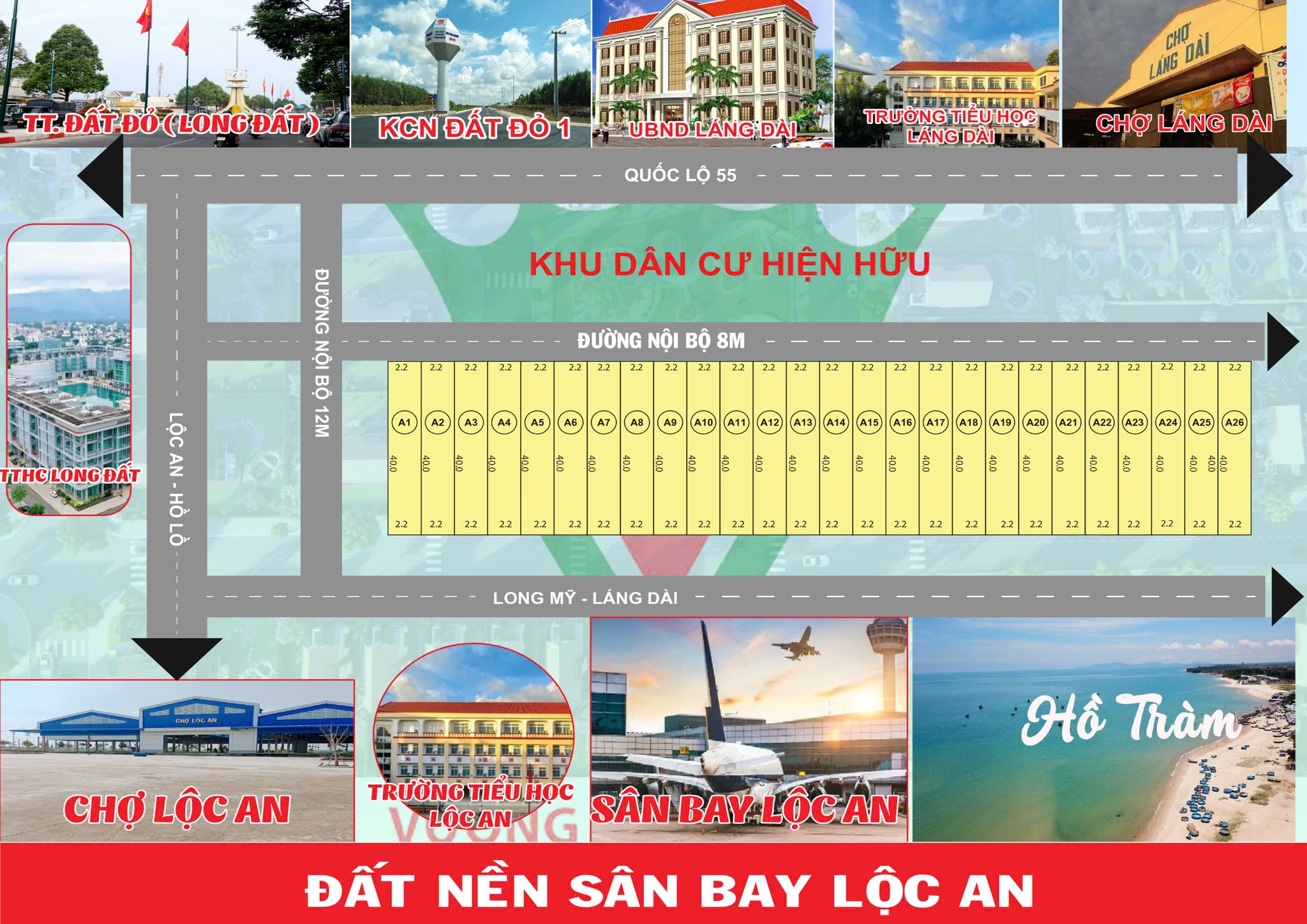 Sỉ 26 đất nền 5x40 100m2 TC đường 8m sát sân bay lộc an giá 3,5tr/m2 - Ảnh chính