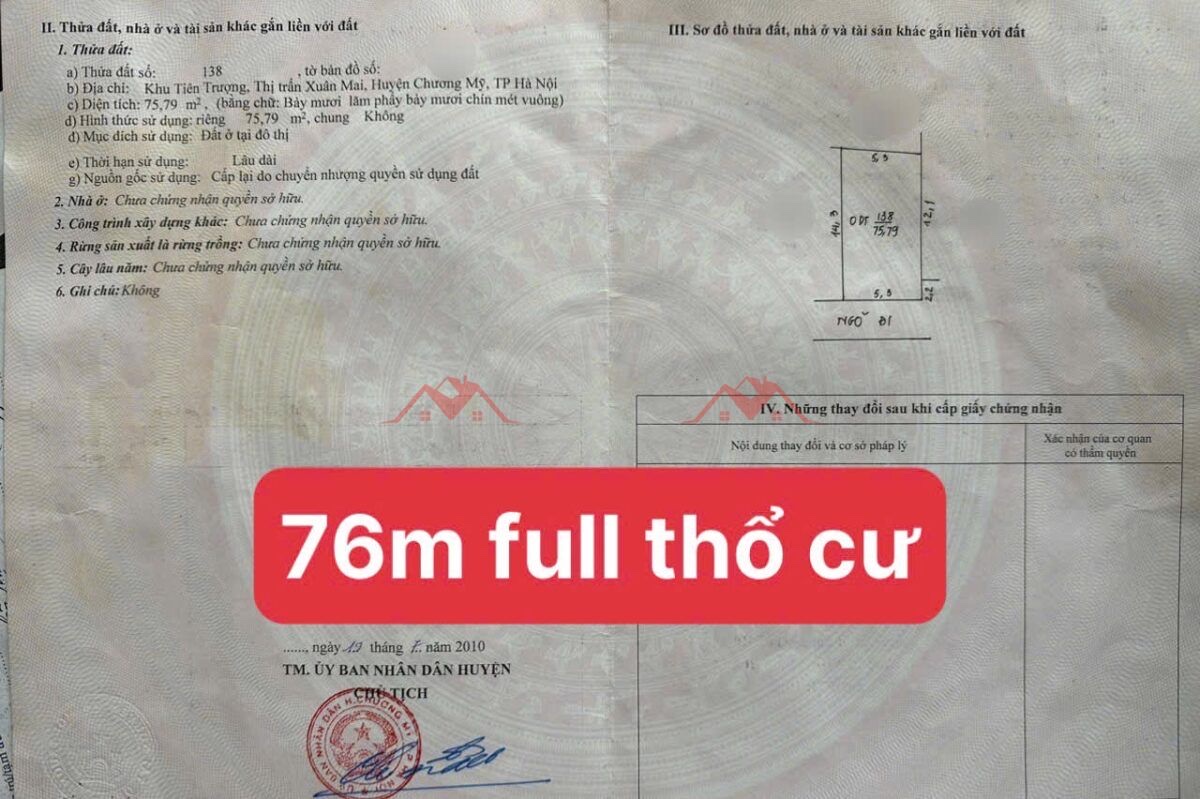 CHÍNH CHỦ BÁN LÔ ĐẤT 75,79M TẠI TIÊN TRƯỢNG-TT XUÂN MAI-CHƯƠNG MỸ-HÀ NỘI - Ảnh 4