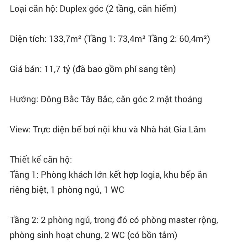 Chính chủ bán căn góc Duplex The Senique tầng đẹp view bể bơi và nhà hát Gia Lâm - Ảnh 1