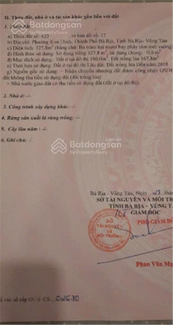 Bán đất tại phường Kim Dinh, Bà Rịa, Bà Rịa Vũng Tàu, 7,2 tỷ, 327,8 m2 - Ảnh 1