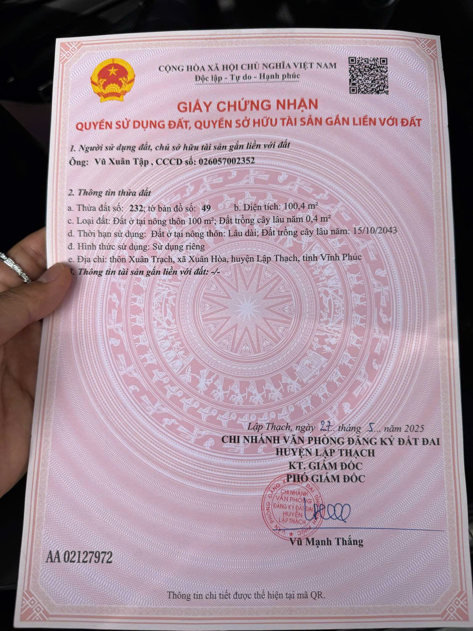 ĐẤT ĐẸP – GIÁ ĐẦU TƯ  – Còn DUY NHẤT 1 LÔ ĐẤT FULL THỔ CƯ RẺ NHẤT VĨNH PHÚC - Ảnh chính