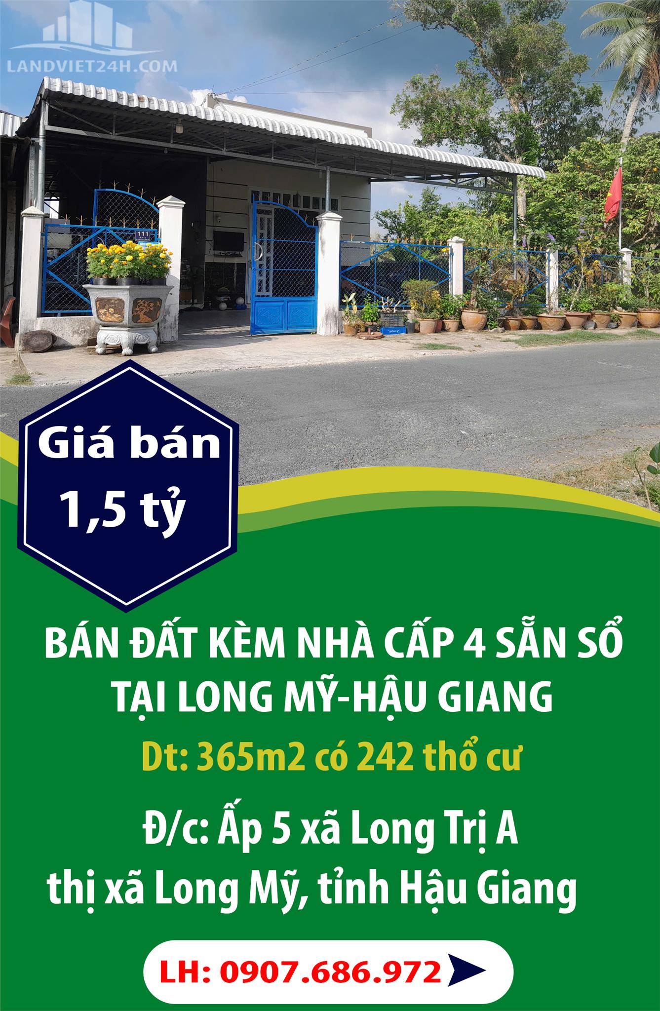 BÁN ĐẤT KÈM NHÀ CẤP 4 SẴN SỔ TẠI LONG MỸ-HẬU GIANG - Ảnh chính