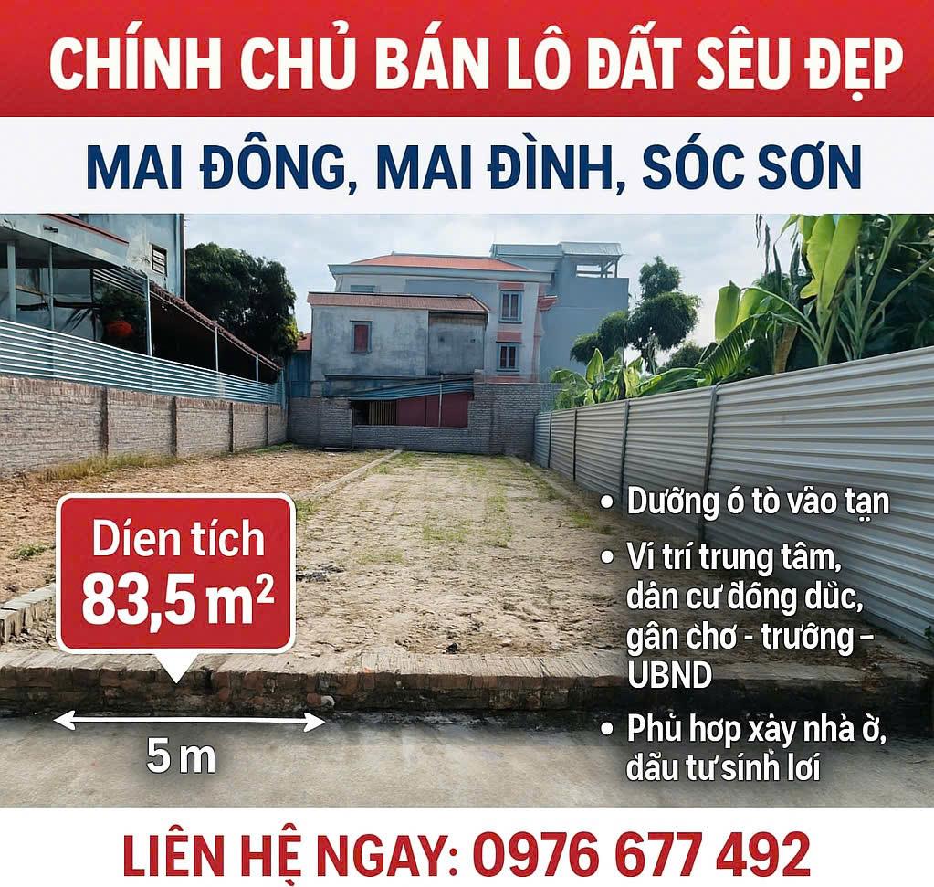 Bán đất đẹp vuông vắn – 83.5m² Song Mai Đông, Mai Đình, Sóc Sơn – Ô tô vào tận đất – Giá hợp lý - Ảnh chính