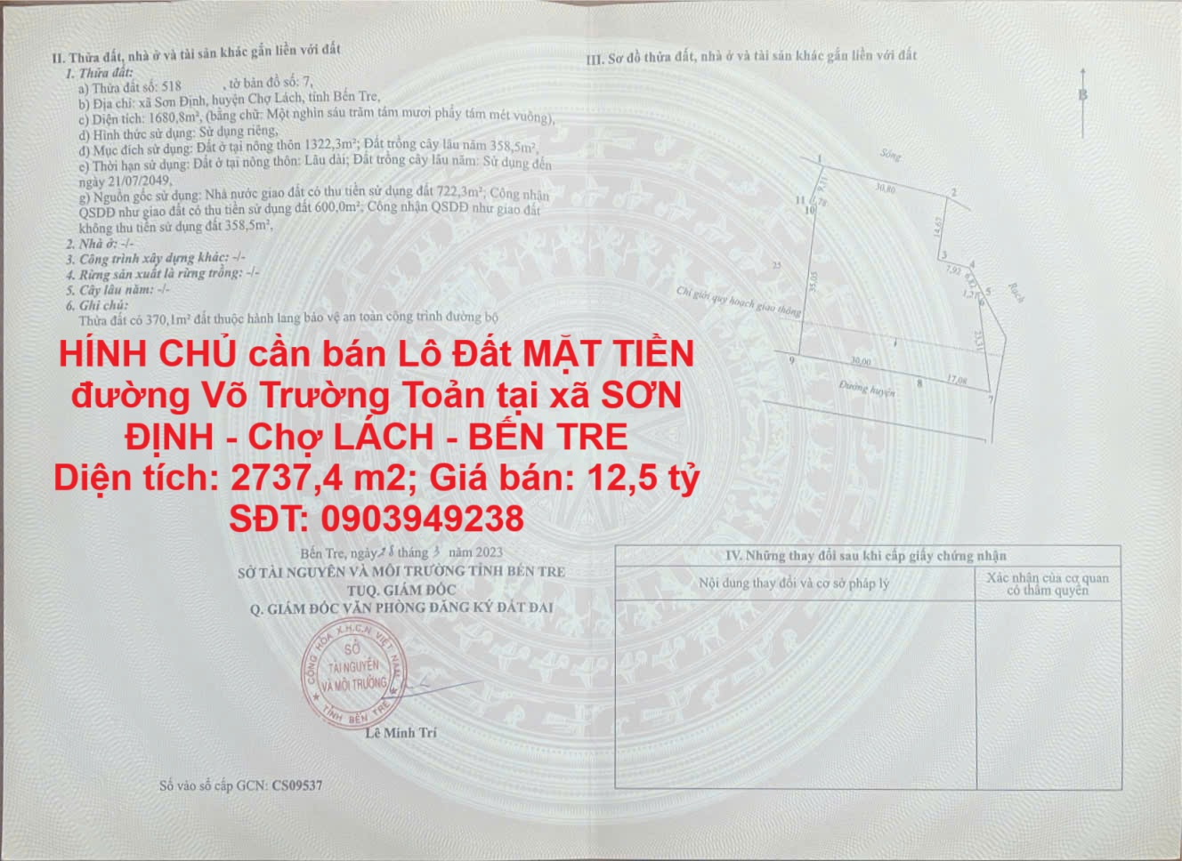 CHÍNH CHỦ cần bán Lô Đất MẶT TIỀN đường Võ Trường Toản tại xã SƠN ĐỊNH - Chợ LÁCH - BẾN TRE - Ảnh chính