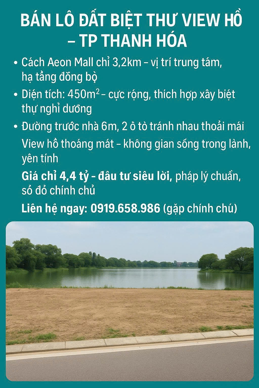Bán Lô Đất Biệt Thự Thành Phố Thanh Hóa – View Hồ Đẹp, Gần Aeon Mall, Diện Tích 450m² - Ảnh chính