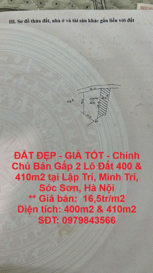 ĐẤT ĐẸP - GIÁ TỐT - Chính Chủ Bán Gấp 2 Lô Đất 400 & 410m2 tại Lập Trí, Minh Trí, Sóc Sơn, Hà Nội - Ảnh chính