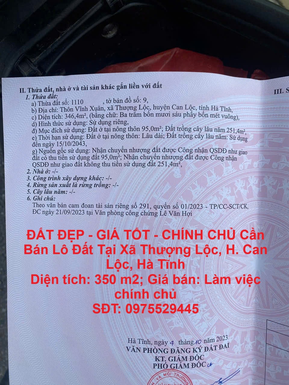 ĐẤT ĐẸP - GIÁ TỐT - CHÍNH CHỦ Bán Lô Đất Tại Xã Thượng Lộc, H. Can Lộc, Hà Tĩnh - Ảnh chính