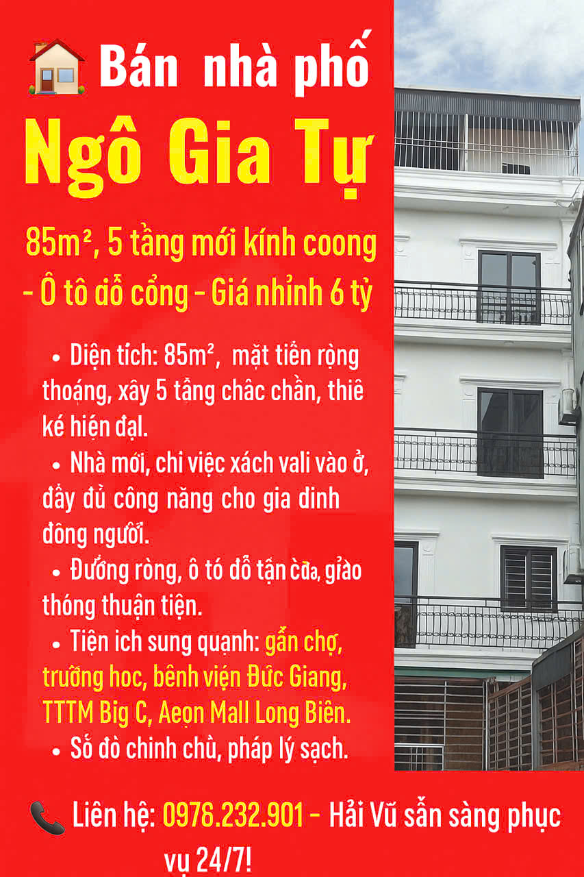 🏡 Bán nhà phố Ngô Gia Tự - 85m², 5 tầng mới kính coong – Ô tô đỗ cổng – Giá nhỉnh 6 tỷ - Ảnh chính