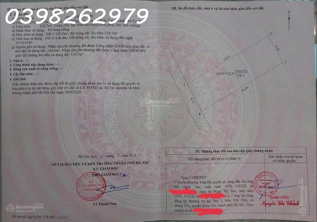 Bán đất chính chủ 229,7m2 có 100m2 thổ cư tại Thôn Yên Thái, Xã Đông Yên, Quốc Oai - Ảnh chính