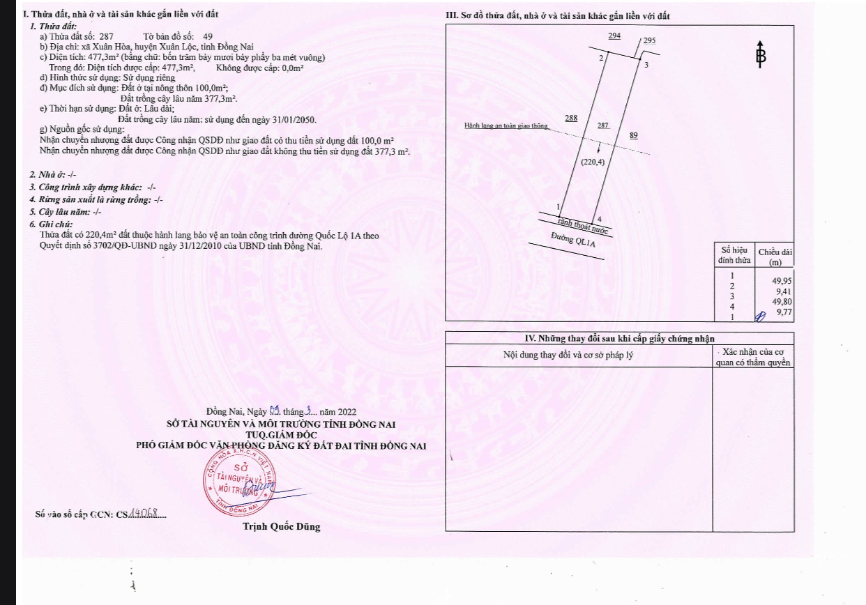 Gần 10m Mặt tiền Quốc Lộ 1A, sẳn 100m2 thổ cư, Xuân Hòa cần bán - Ảnh chính