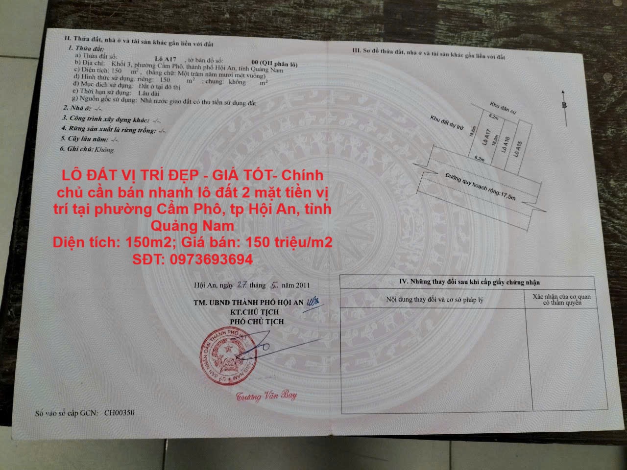 LÔ ĐẤT VỊ TRÍ ĐẸP - GIÁ TỐT- Chính chủ cần bán nhanh lô đất 2 mặt tiền vị trí tại tp Hội An, tỉnh - Ảnh chính