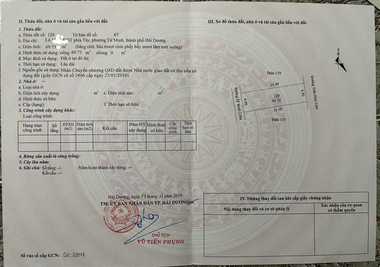 Bán lô đất mặt đường Trần Huy Liệu, khu Vạn Lộc, ph Tứ Minh, TP HD, 69.75m2, mt 4.5m - Ảnh 3