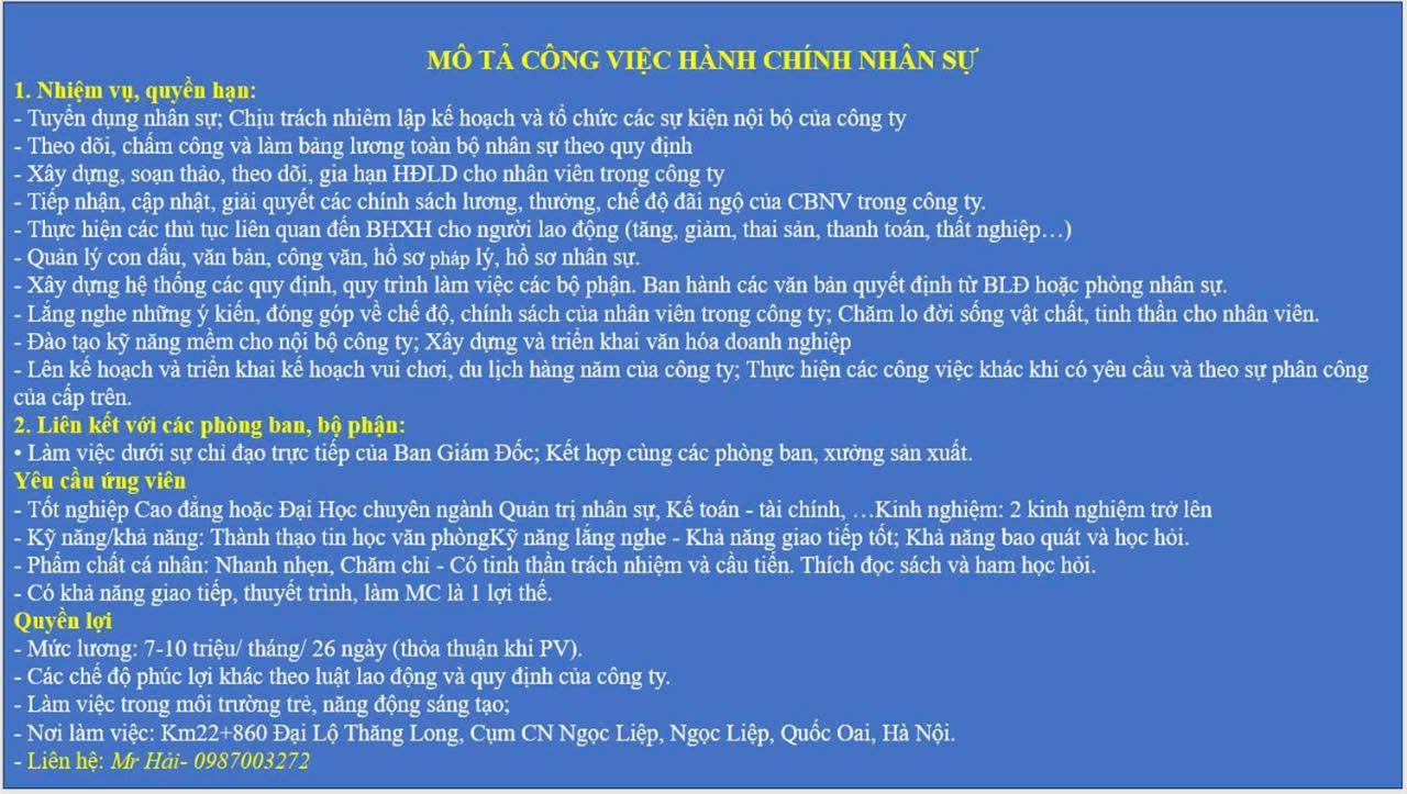 TUYỂN NHÂN SỰ ĐI LÀM NGAY TẠI CTY TNHH ĐỒNG ĐẠI HỮU - 0987003272 - Ảnh chính