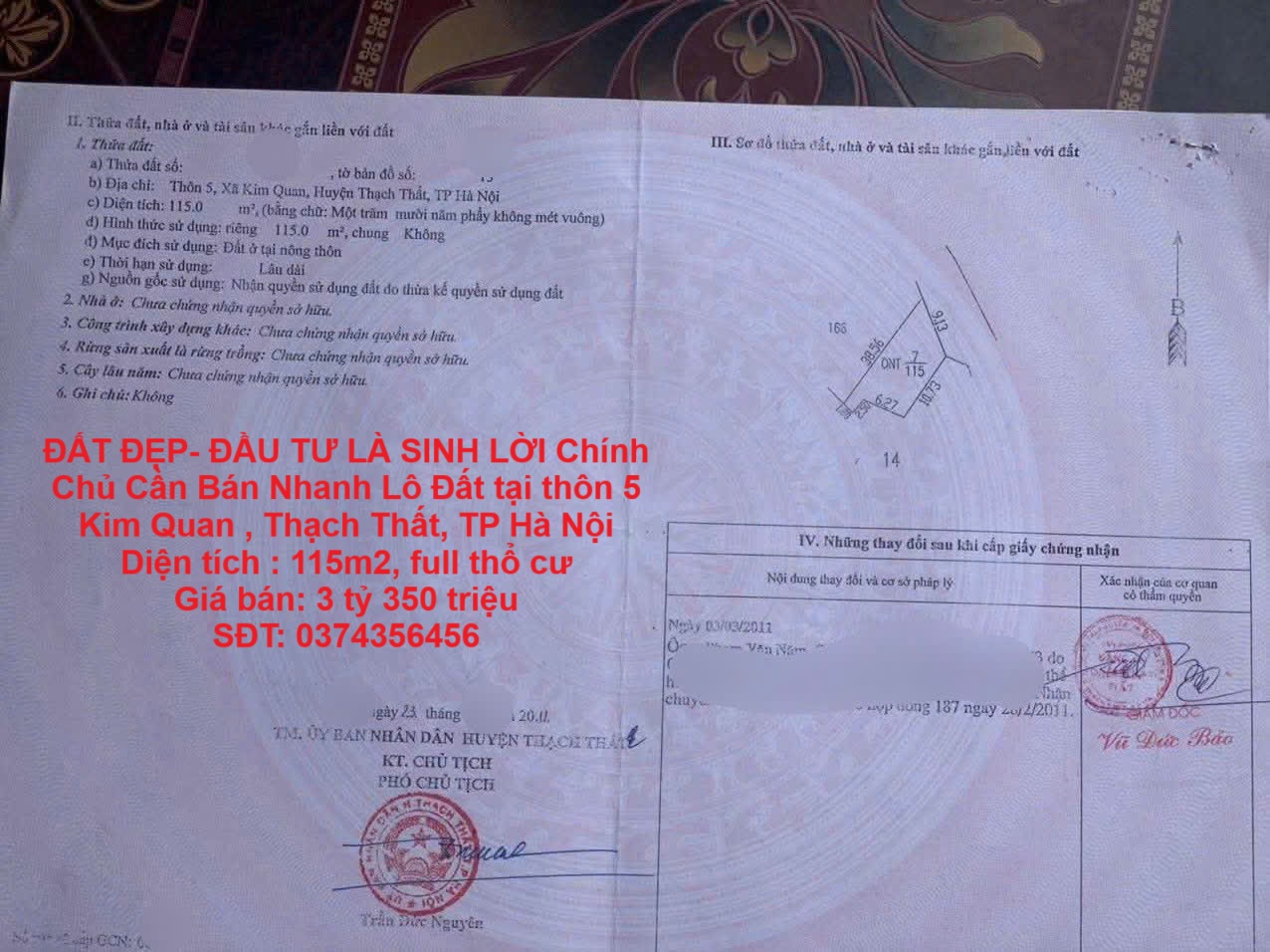ĐẤT ĐẸP- ĐẦU TƯ LÀ SINH LỜI Chính Chủ Cần Bán Nhanh Lô Đất tại Kim Quan, Thạch Thất, TP Hà Nội - Ảnh chính