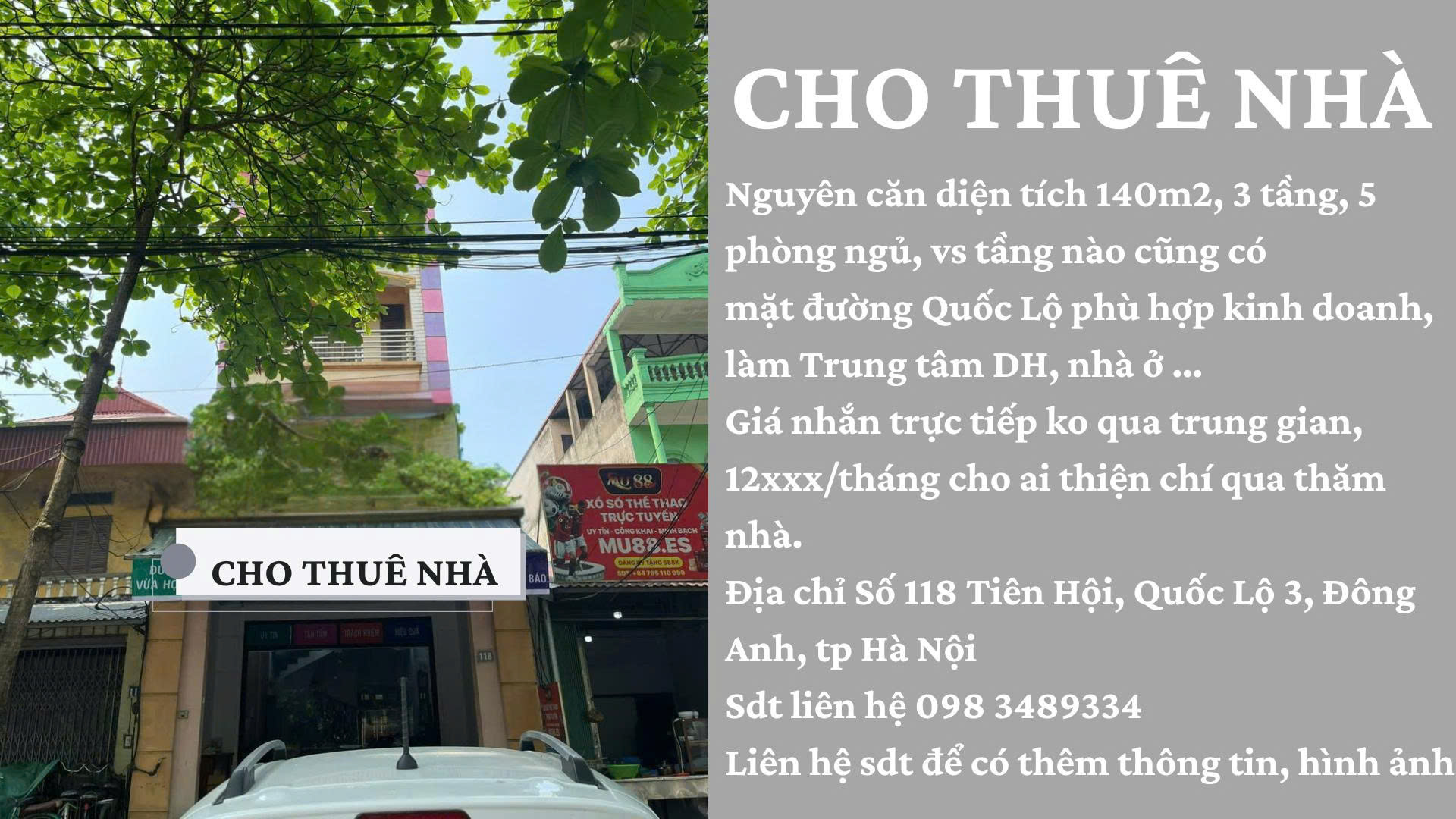 CHO THUÊ NHÀ NGUYÊN CĂN MẶT ĐƯỜNG TẠI SỐ 118 TIÊN HỘI, ĐÔNG ANH, HÀ NỘI - Ảnh chính
