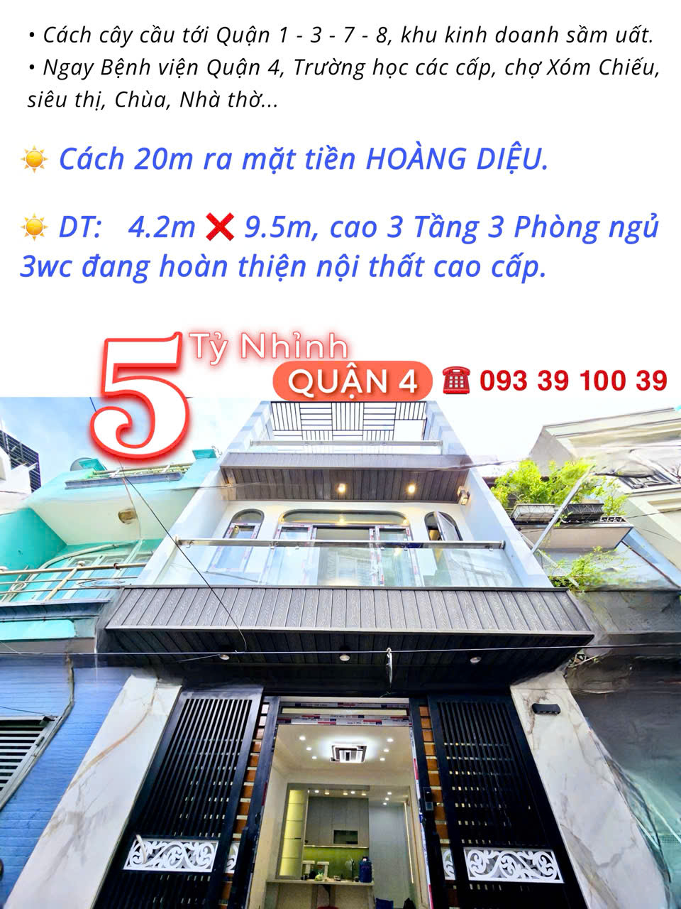 5 Tỷ nhỉnh- Hoàng Diệu Quận 4- nhà mới 100% ngang hơn 4m- 3 tầng 3 phòng đủ nội thất. VŨ 0933910039 - Ảnh 4
