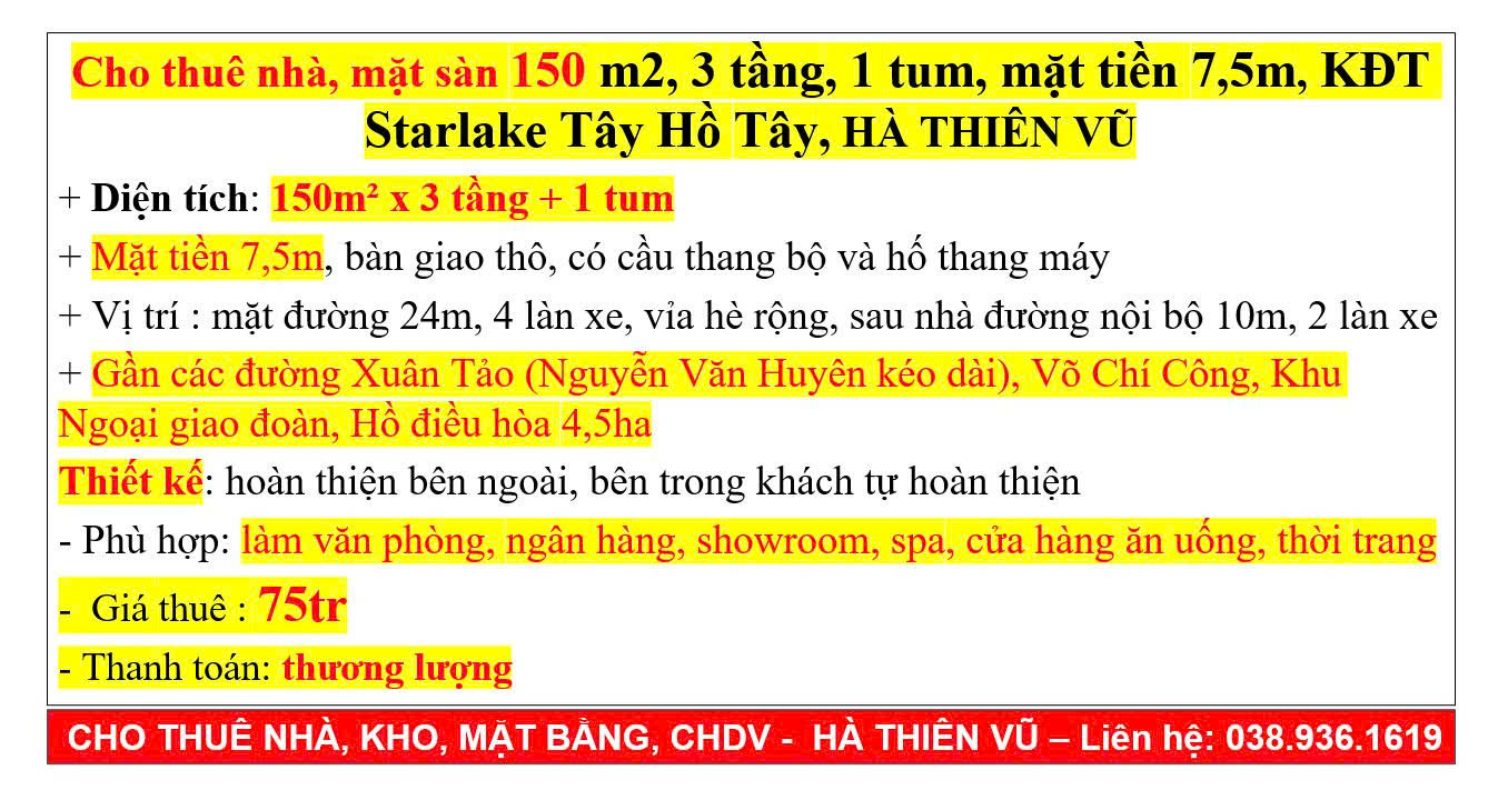 Cho thuê nhà, mặt sàn 150 m2, 3 tầng, 1 tum, mặt tiền 7,5m, KĐT Starlake Tây Hồ Tây, HÀ THIÊN VŨ - Ảnh 5