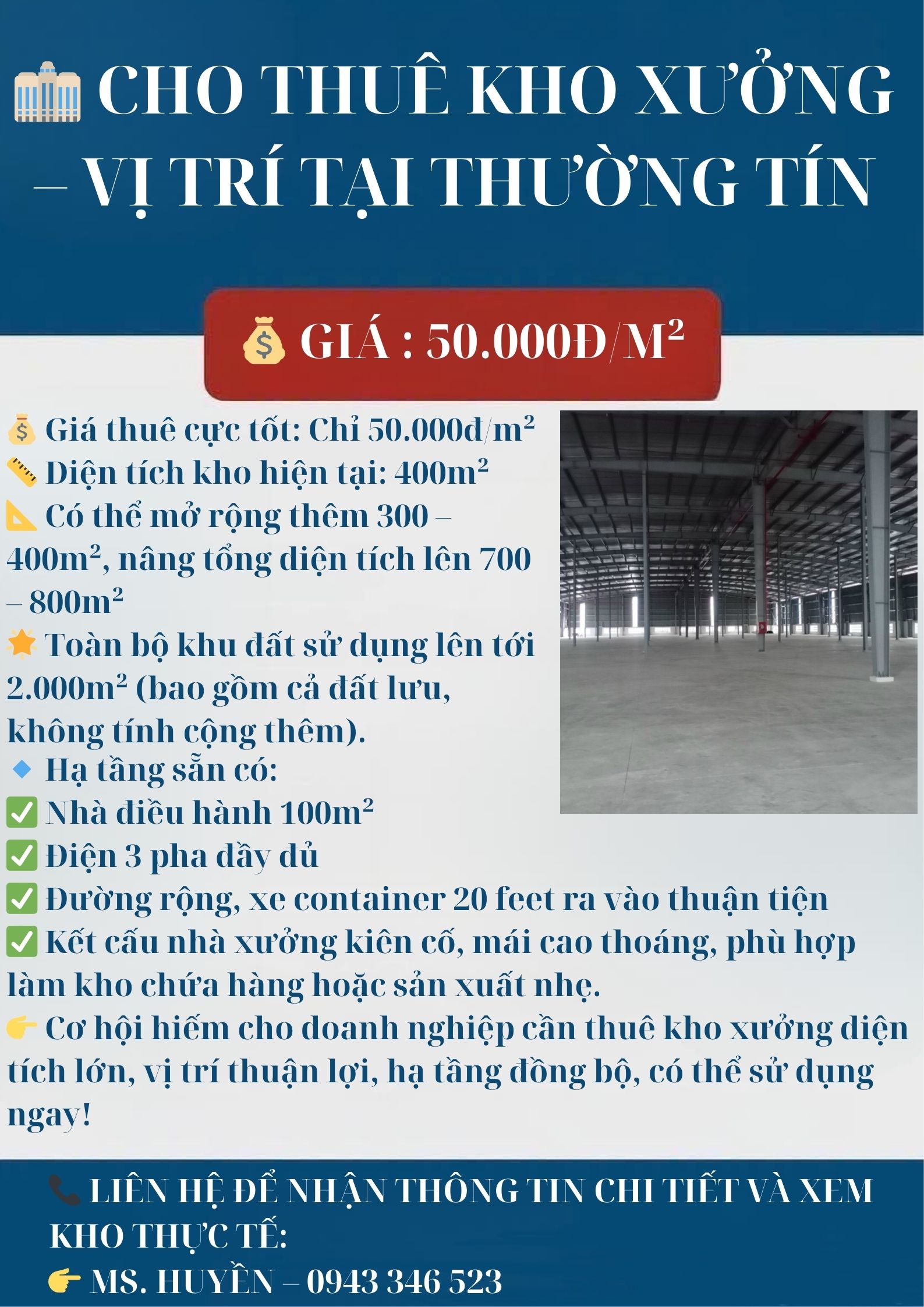🏢 CHO THUÊ KHO XƯỞNG – VỊ TRÍ TẠI THƯỜNG TÍN - Ảnh chính