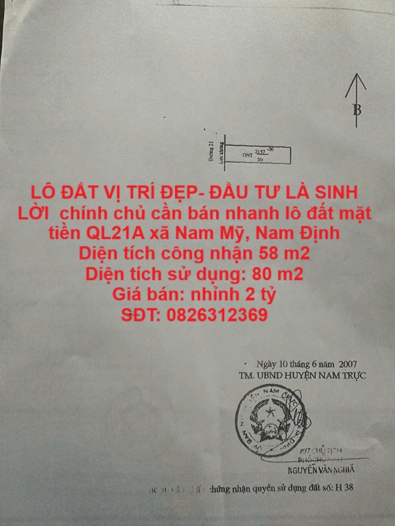 LÔ ĐẤT VỊ TRÍ ĐẸP- ĐẦU TƯ LÀ SINH LỜI  chính chủ cần bán nhanh lô đất mặt tiền QL21A xã Nam Mỹ, Nam - Ảnh chính