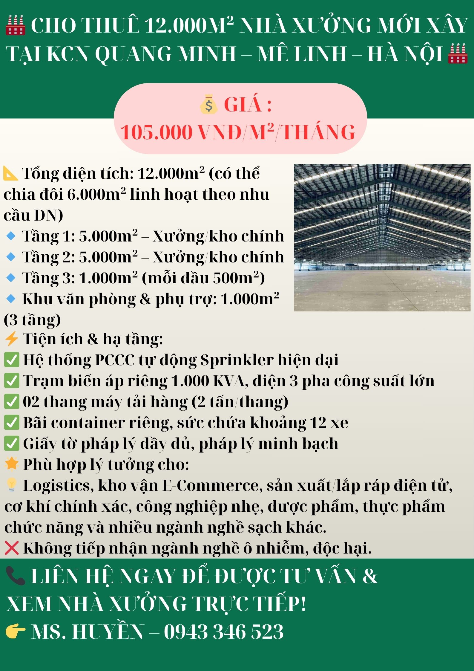 🏭 CHO THUÊ 12.000M² NHÀ XƯỞNG MỚI XÂY TẠI KCN QUANG MINH – MÊ LINH – HÀ NỘI 🏭 - Ảnh chính