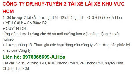 CÔNG TY DR.HUY-TUYỂN 2 TÀI XẾ LÁI XE KHU VỰC HCM - Ảnh chính
