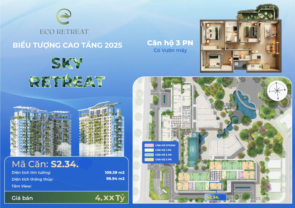 Căn hộ 3PN giá gốc Sky Retreat Eco Retreat giá tốt 4,3 tỷ (gồm VAT+KPBT), có vườn mây - Ảnh chính