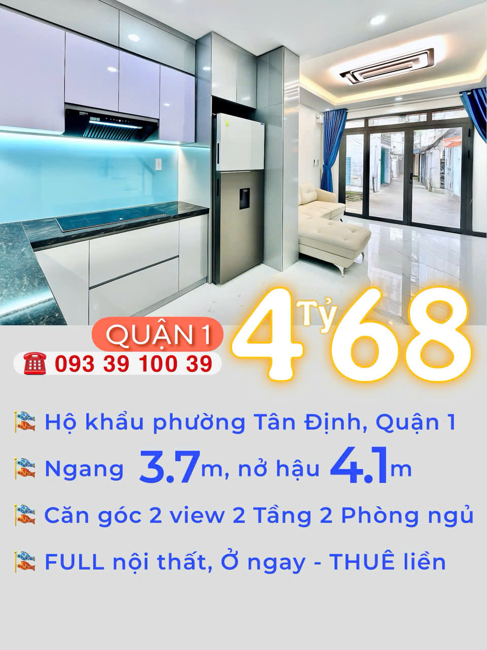 4Tỷ 680: Phường Tân Định Quận 1- Nở hậu 4.1m- Căn góc 2 Tầng 2 Phòng ngủ FULL nội thất. 0933910039 - Ảnh 4