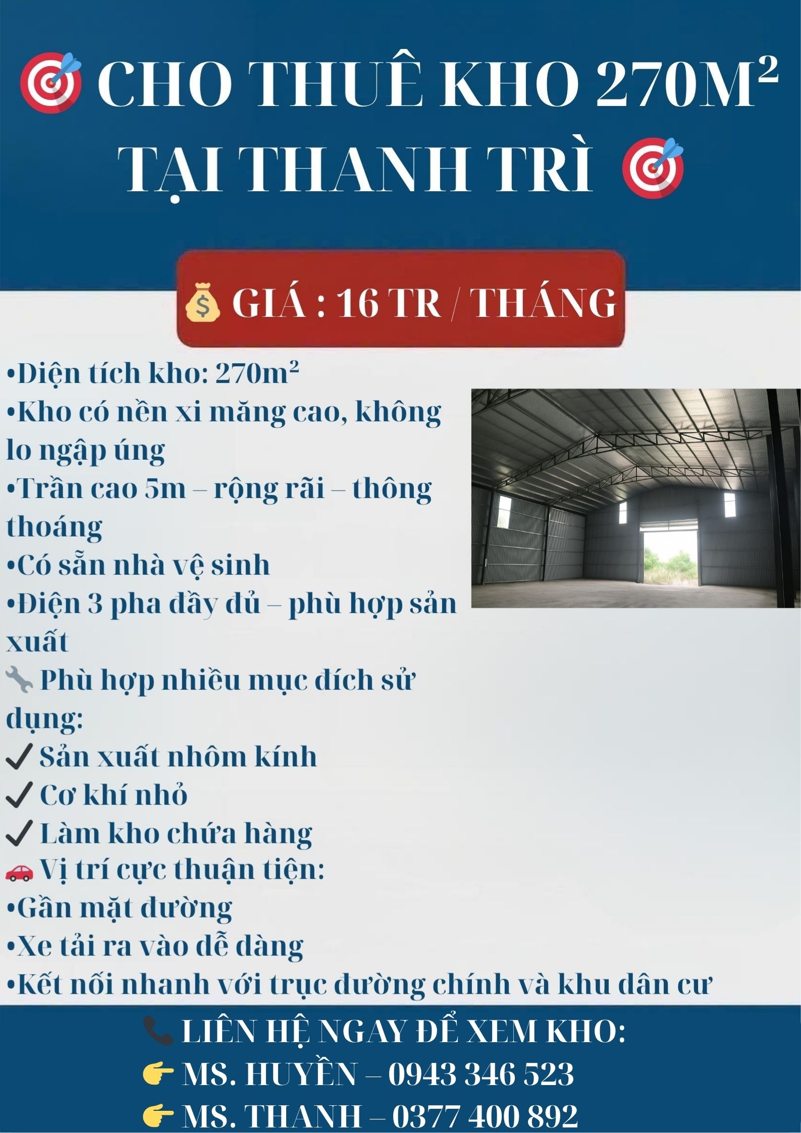 🏭 CHO THUÊ KHO 270M² TẠI THANH TRÌ - Ảnh 1