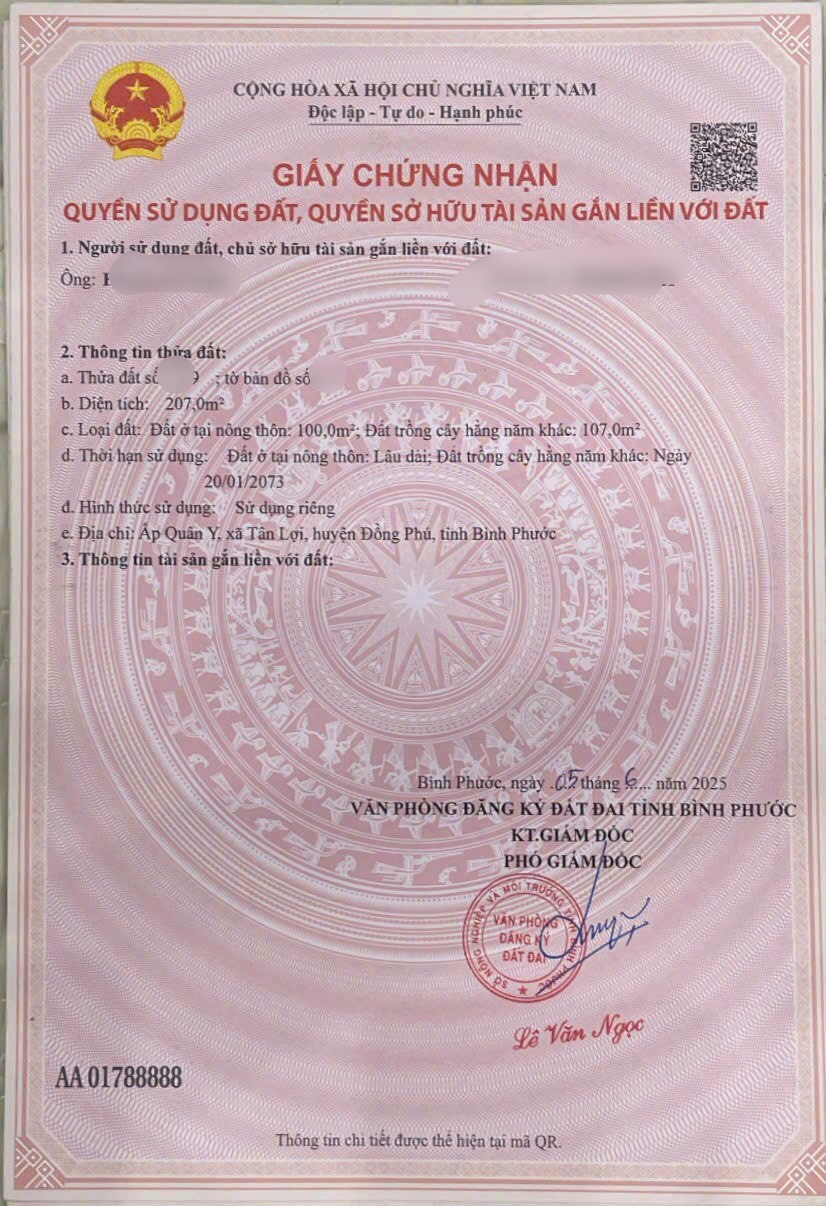 ĐẤT ĐẸP - GIÁ TỐT - Bán GẤP Lô Đất Tiềm Năng Tại Xã Tân Lợi ĐỒNG  Phú Bình Phước - Ảnh 1