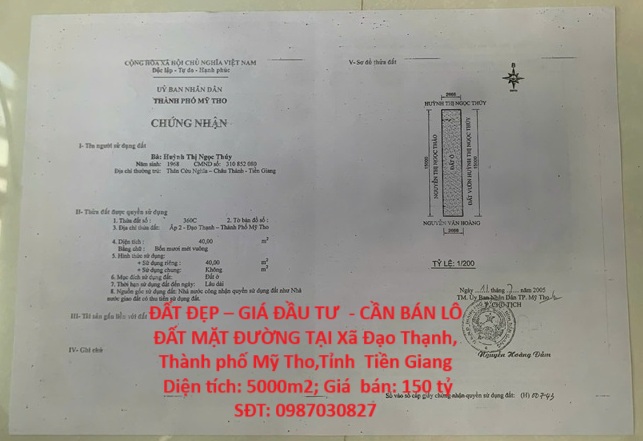 ĐẤT ĐẸP – GIÁ ĐẦU TƯ  - CẦN BÁN LÔ ĐẤT MẶT ĐƯỜNG TẠI Xã Đạo Thạnh, Thành phố Mỹ Tho,Tỉnh  Tiền Giang - Ảnh chính