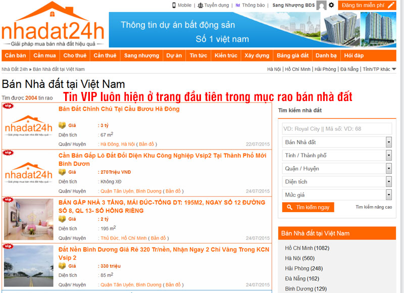 Hướng dẫn đăng tin VIP trên trang nhadat24h.com